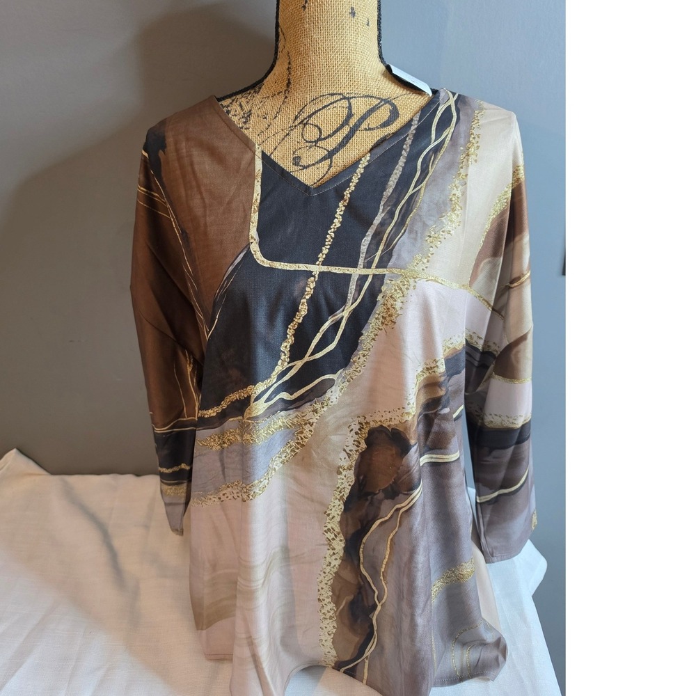 Made With Abstract Print V-Neck Tunic Top Brown Tan Gold XXL NWT